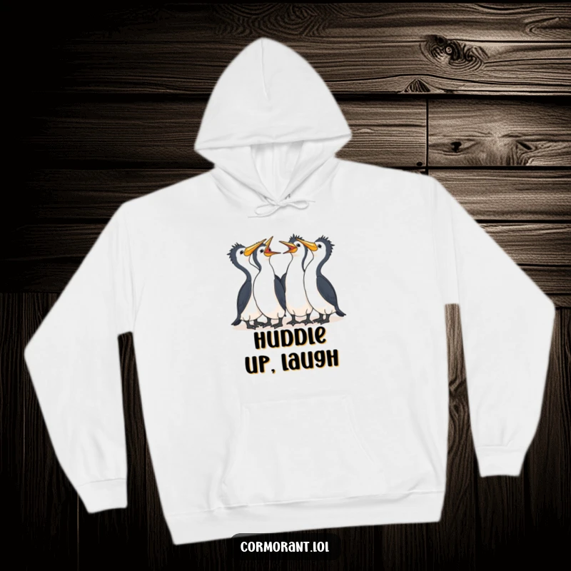 Funny Cormorant Hoodie featuring a cluster of adorable kawaii birds sharing a hearty laugh, perfect for cozying up with friends.