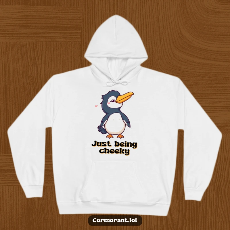 Funny Cormorant Hoodie: A charming bird character giving a playful wink and a flick of its tail, designed for comfort and style.