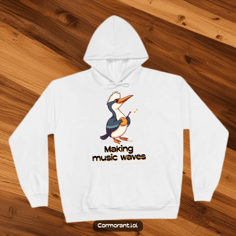 Funny Cormorant Hoodie showing a cormorant playing a tune on a seashell, offering warmth and whimsical, music-themed humor.