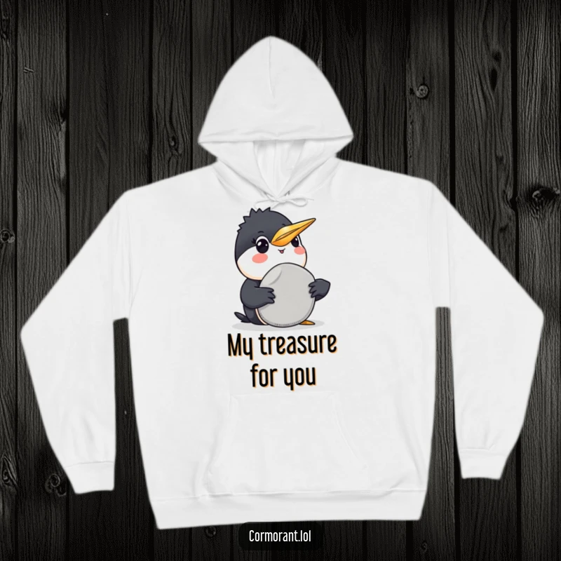 Funny Cormorant Hoodie: A soft hoodie featuring a funny cormorant smiling while offering a smooth grey pebble, a symbol of cute generosity.