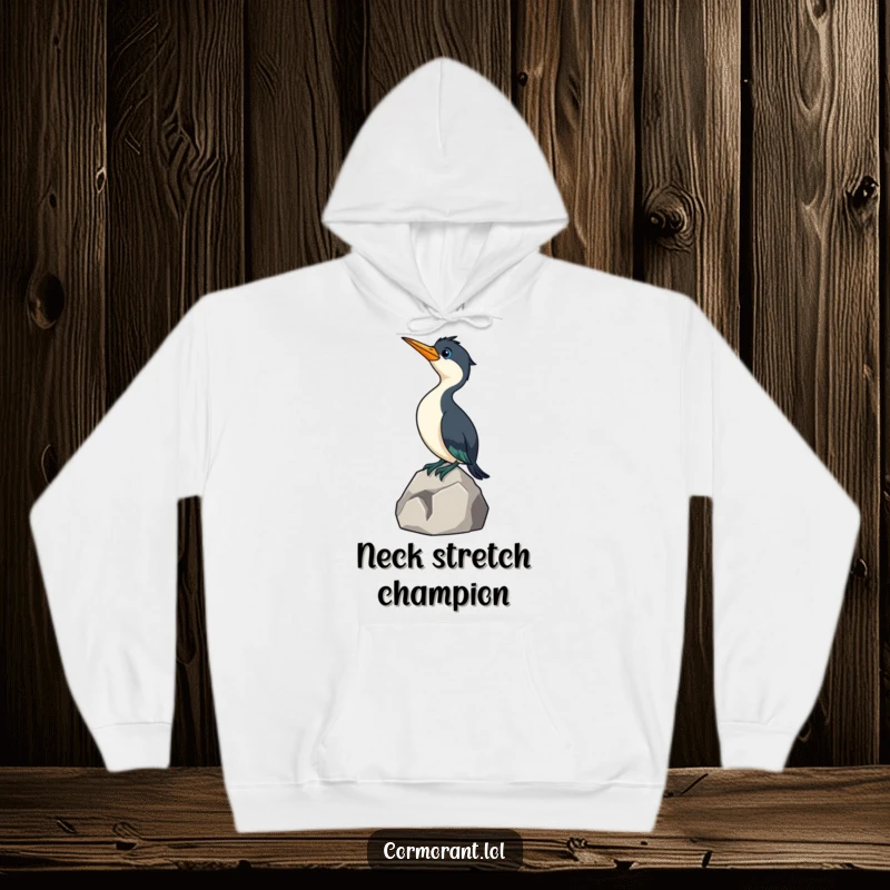 Funny Cormorant Hoodie: A comical little cormorant on a rock stretches its curious neck, a delightful design for cozy humor.