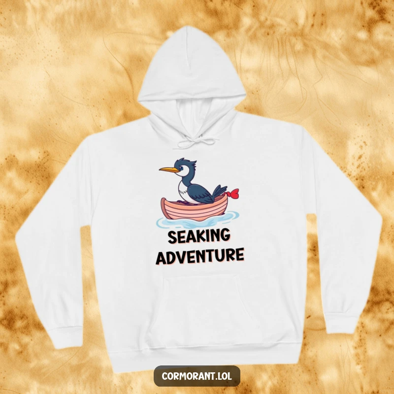 Funny Cormorant Hoodie showing a cormorant sailing in a small, whimsical boat, offering warmth and nautical-themed humor.