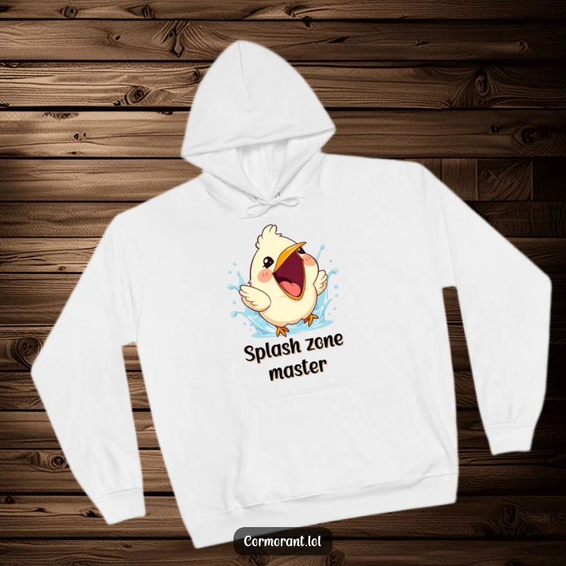 Funny hoodie depicting a cute bird with its beak wide open, joyfully creating a bubbly water splash.