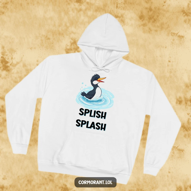 Funny cormorant hoodie, playful bird splashing gleefully in a bubbly, azure pond, comfort and humor combined.