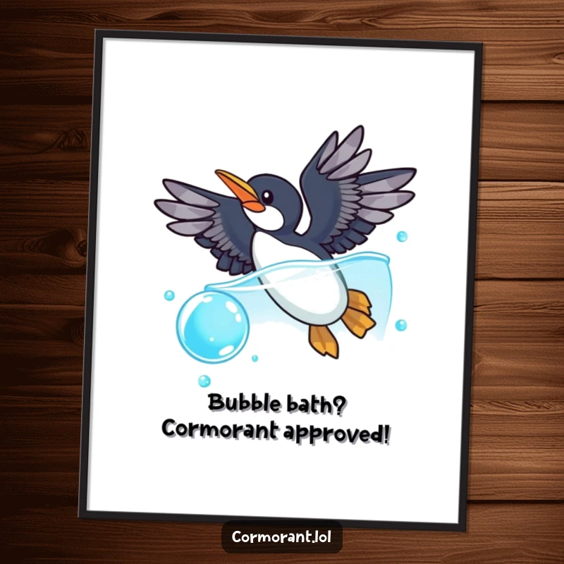 Funny Free Printable Wall Art: A cormorant with wings spread wide playfully dives into a big, sparkling blue bubble.