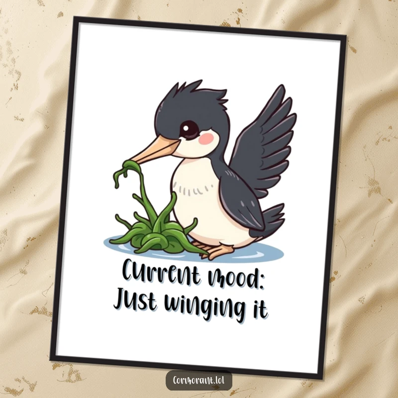 Funny free printable wall art depicting a kawaii cormorant bird playfully nudging seaweed, a humorous nautical touch.
