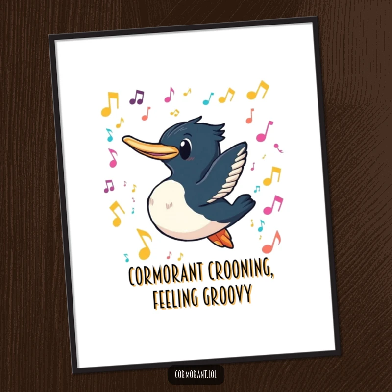 Funny Free Printable Wall Art: A grinning cormorant swims through a cascade of colorful, floating musical notes with a playful vibe.