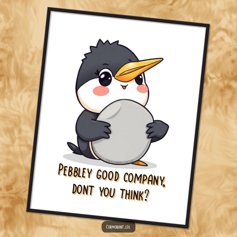 Funny Free Printable Wall Art: A smiling cormorant proudly offers a smooth grey pebble. Whimsical bird art, downloadable decor.