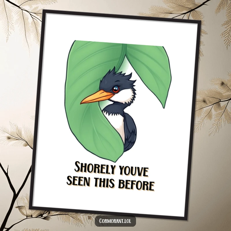 Funny Free Printable Wall Art: A cormorant humorously peeking from behind a large, wet leaf. Quirky bird decor, downloadable art.