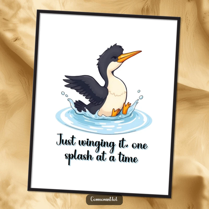 Free Printable Wall Art: A Cormorant Playfully Splashing in a Small Pool of Water, Full of Joy