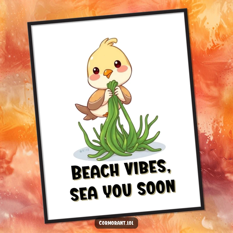 Funny Free Printable Wall Art depicting a bird playfully tugging on a piece of seaweed, embodying seaside mischief and charm.