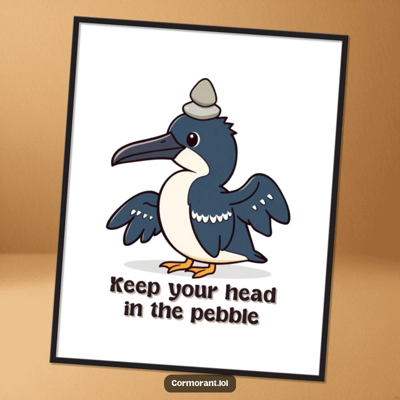Funny Free Printable Wall Art: Kawaii cormorant meticulously balancing a small pebble on its head, whimsical decor.