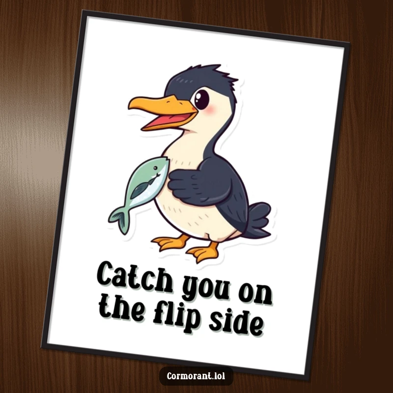 Funny free printable wall art of a smiling cormorant proudly holding a shiny fish in its beak, a delightful catch.
