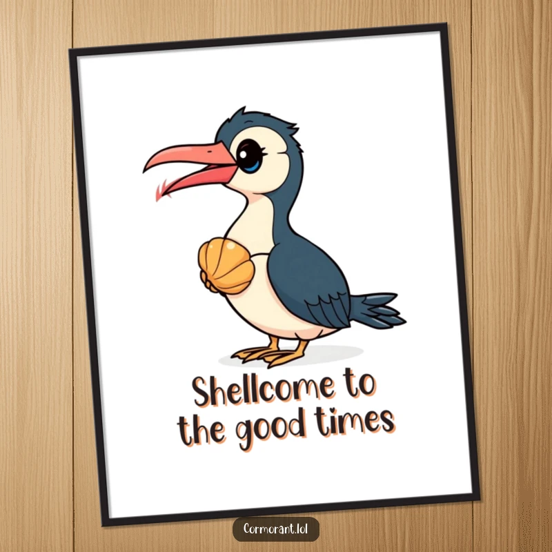 Funny free printable wall art depicting a cormorant with a curious expression examining a vibrant seashell.