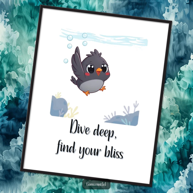 Free Printable Wall Art: Small dark bird with enormous eyes making a joyful splash as it dives underwater.