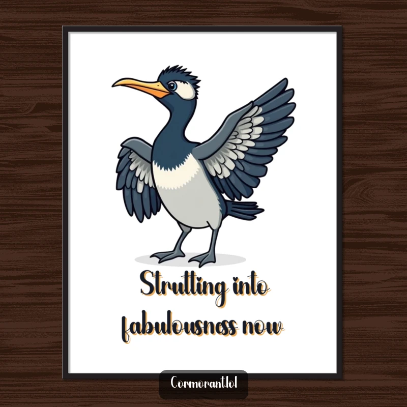 Funny Free Printable Wall Art: A comical cormorant strutting with purpose, wings slightly spread, exuding quirky confidence.