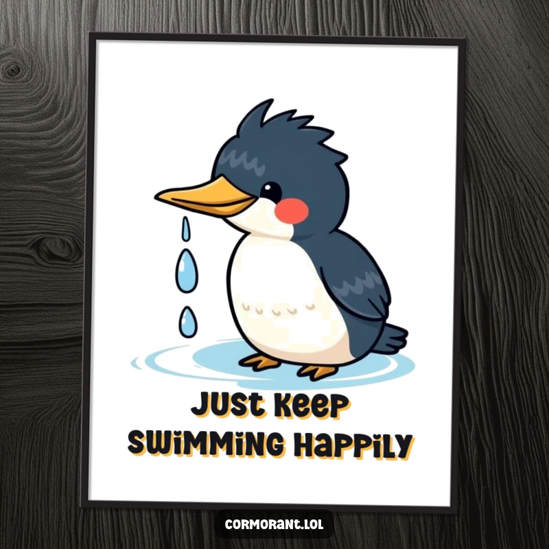 Funny free printable wall art of a cute kawaii cormorant happily shaking water drops from its head, exuding pure joy.