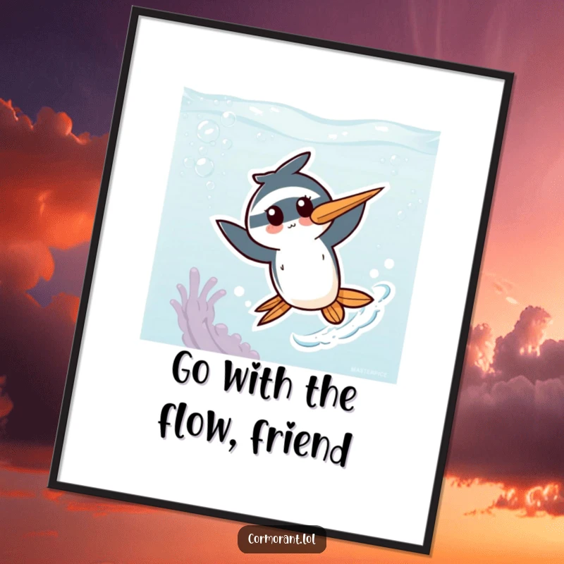Funny free printable wall art: A cute kawaii cormorant character energetically zipping through a vibrant underwater environment.