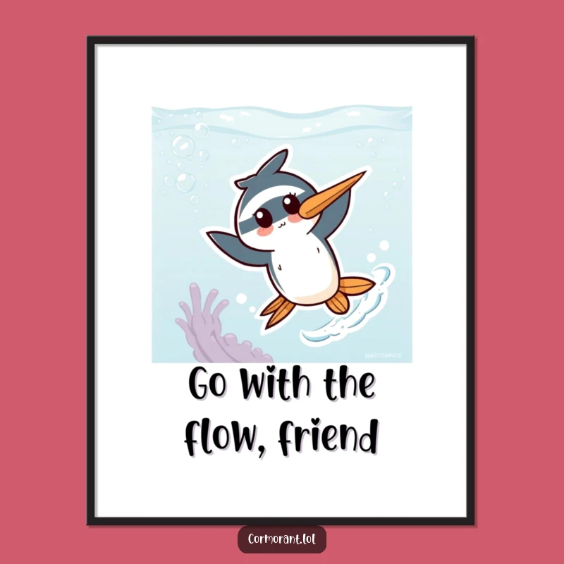 Free Printable Wall Art: Kawaii Cormorant Zipping, Energetic Underwater Bird Art, Downloadable Decor