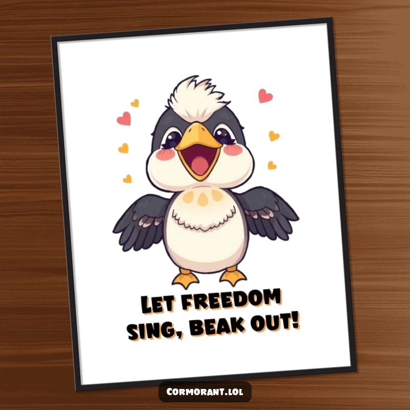 Funny free printable wall art: A cormorant character sings joyfully with its beak open in a happy, melodic tune.