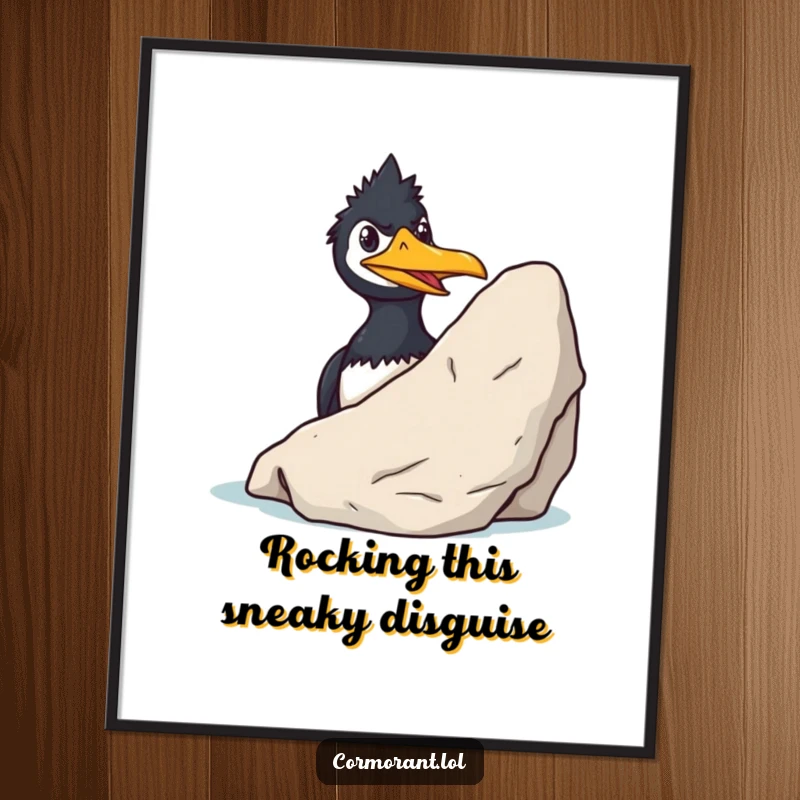 Funny Free Printable Wall Art of a cormorant peeking from behind a rock with a mischievous, sly grin.