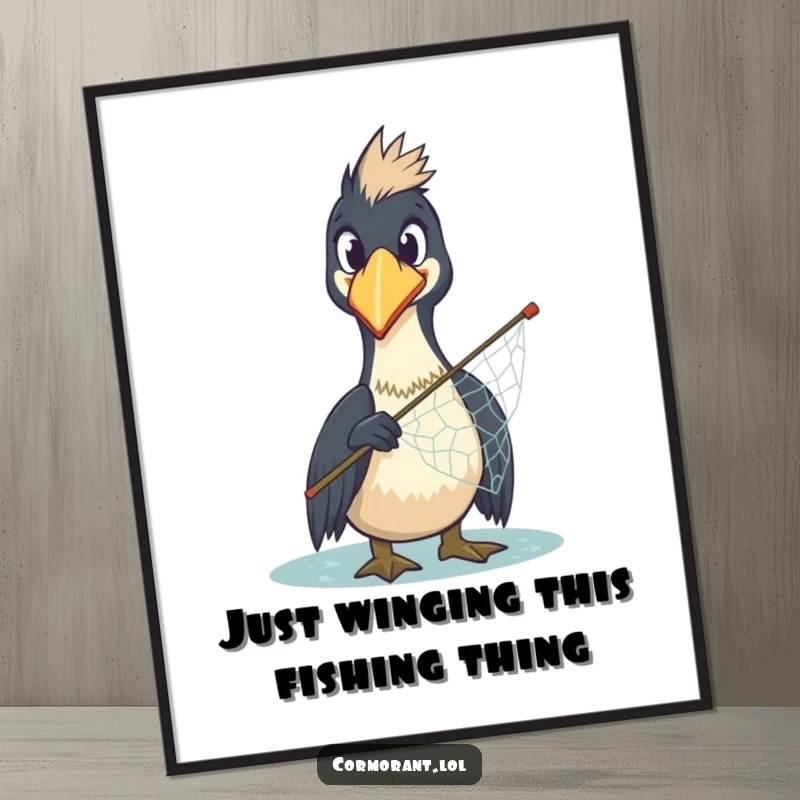 Funny Free Printable Wall Art of a cormorant with a comically surprised look holding a misplaced net.