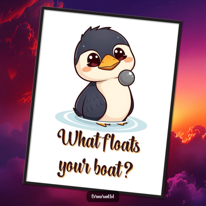 Funny Free Printable Wall Art: A kawaii cormorant with large, wide eyes attentively watches a small object floating on the water, inviting contemplation.