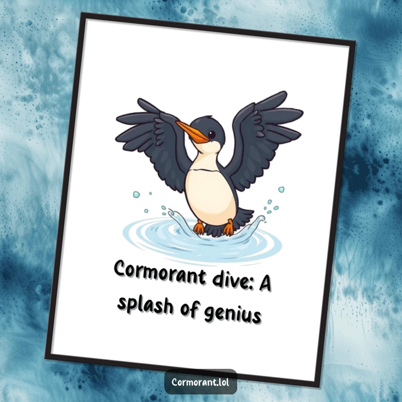 Funny Free Printable Wall Art capturing a cormorant in mid-dive, wings spread, showcasing playful aquatic movement.