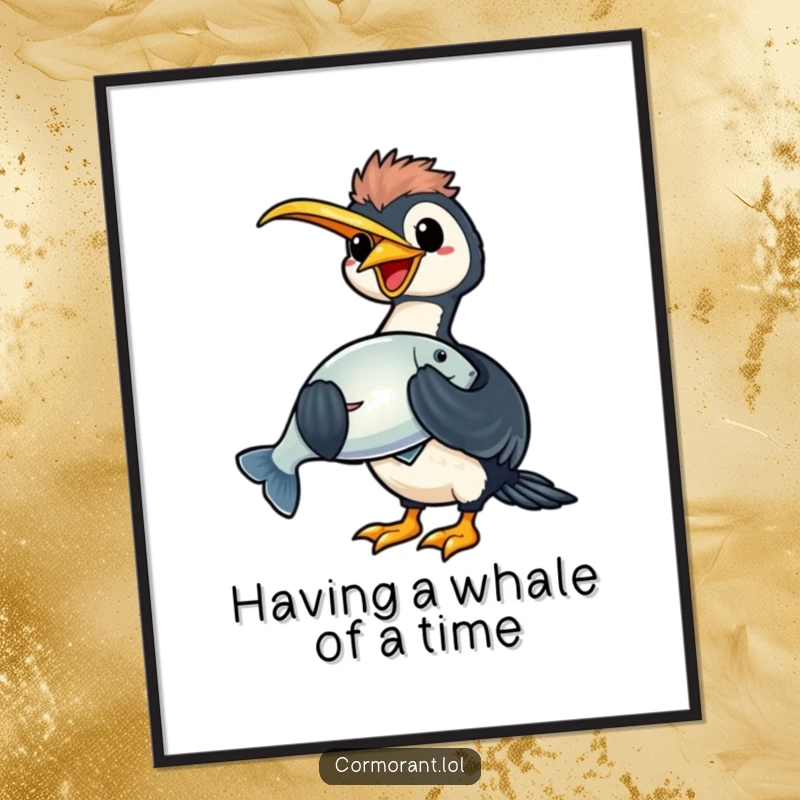 Funny Free Printable Wall Art: A happy kawaii cormorant proudly displays a giant, gleaming fish in its beak, celebrating the ultimate fishing success.