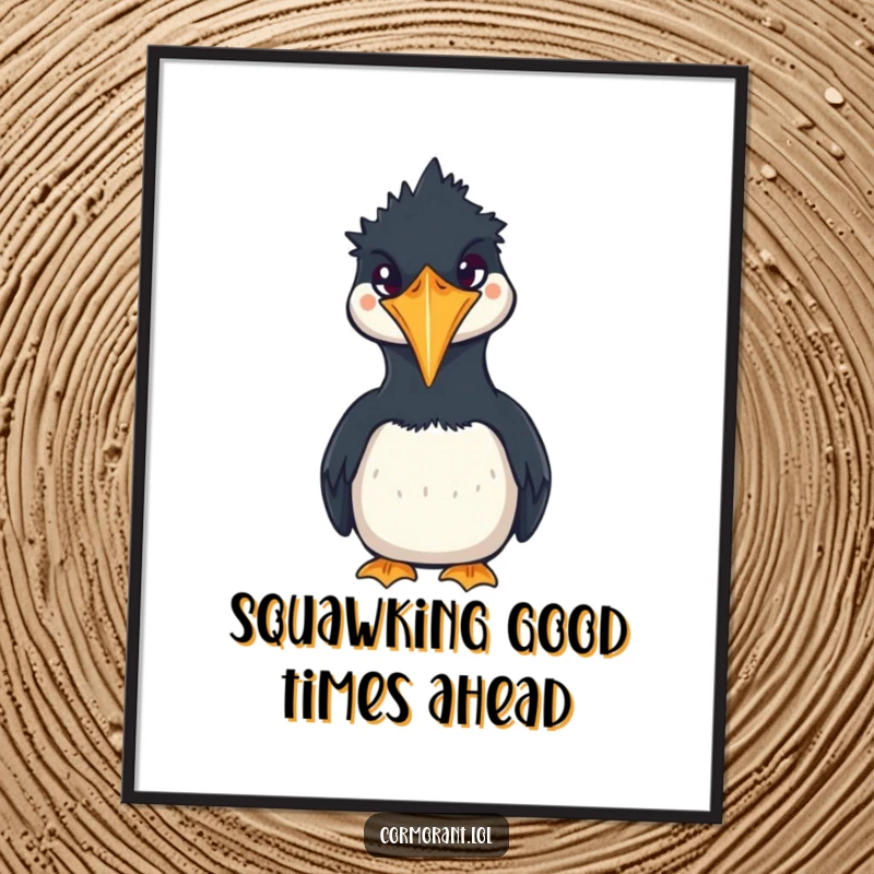 Funny Free Printable Wall Art: A kawaii cormorant with a comically open beak, squawking loudly, perfect for a humorous touch.