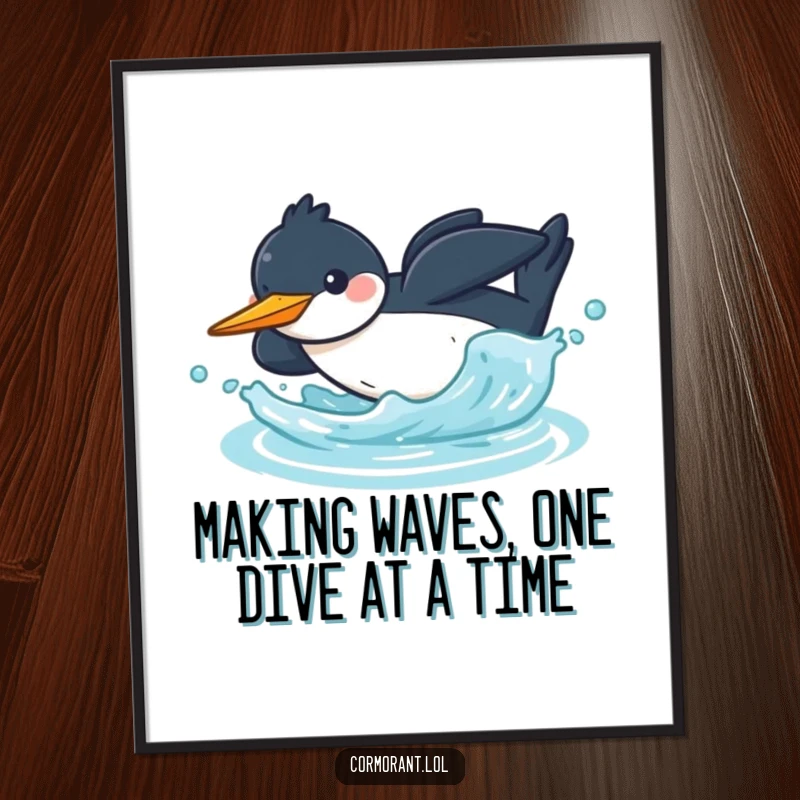 Funny Free Printable Wall Art: A cheerful kawaii cormorant dives energetically into water, creating a dramatic and playful splash, capturing a moment of pure action.