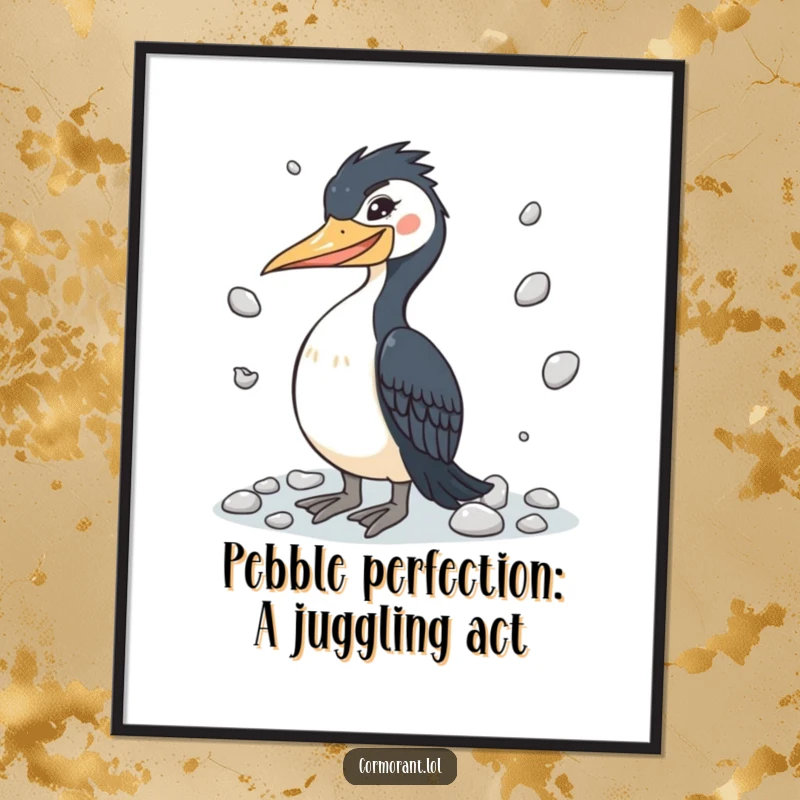 Funny Free Printable Wall Art of a winking cormorant playfully juggling shiny pebbles with impressive dexterity.