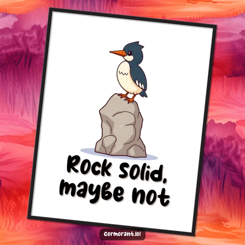Funny Free Printable Wall Art: A small, kawaii cormorant precariously balances on the edge of a single, unsteady rock.