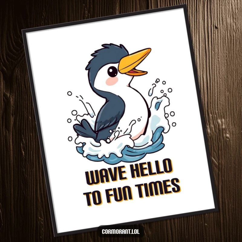 Funny free printable wall art: A cheerful cormorant character joyfully splashing in dynamic, stylized ocean waves.