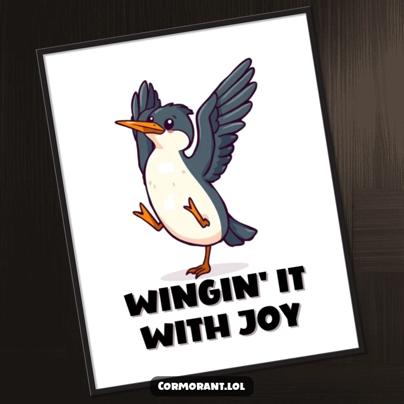 Funny Free Printable Wall Art: A small, happy kawaii cormorant dances with glee, flapping its wings enthusiastically in a celebration of pure, unadulterated joy.