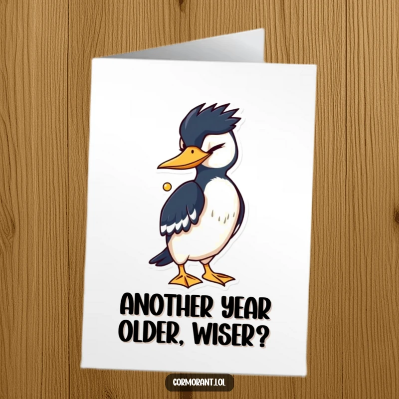 Funny free printable birthday card featuring a cormorant winking playfully while clutching a sparkling shiny object.