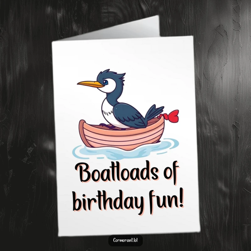 Funny Free Printable Birthday Card: A cormorant joyfully rides a small, whimsical boat on the water.