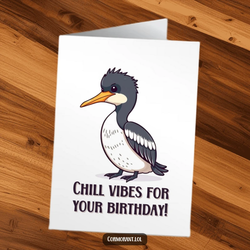 Funny Free Printable Birthday Card showing a cormorant in a relaxed pose, drying its feathers contentedly in the warm sun.