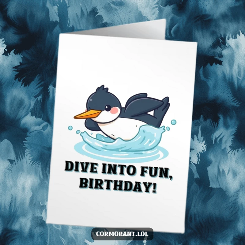Funny Free Printable Birthday Card: A cheerful kawaii cormorant joyfully dives headfirst into the water, creating a lively splash for a festive occasion.