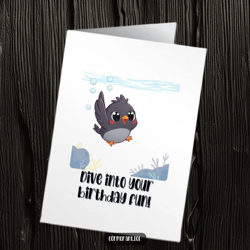 Free Printable Birthday Card: Small dark bird with wide eyes plunging underwater in a joyous dive.