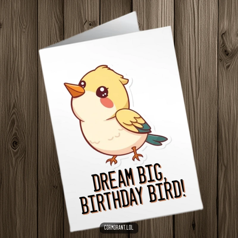 Funny Free Printable Birthday Card featuring a bird looking up at the sky with a bright, curious, and happy facial expression.