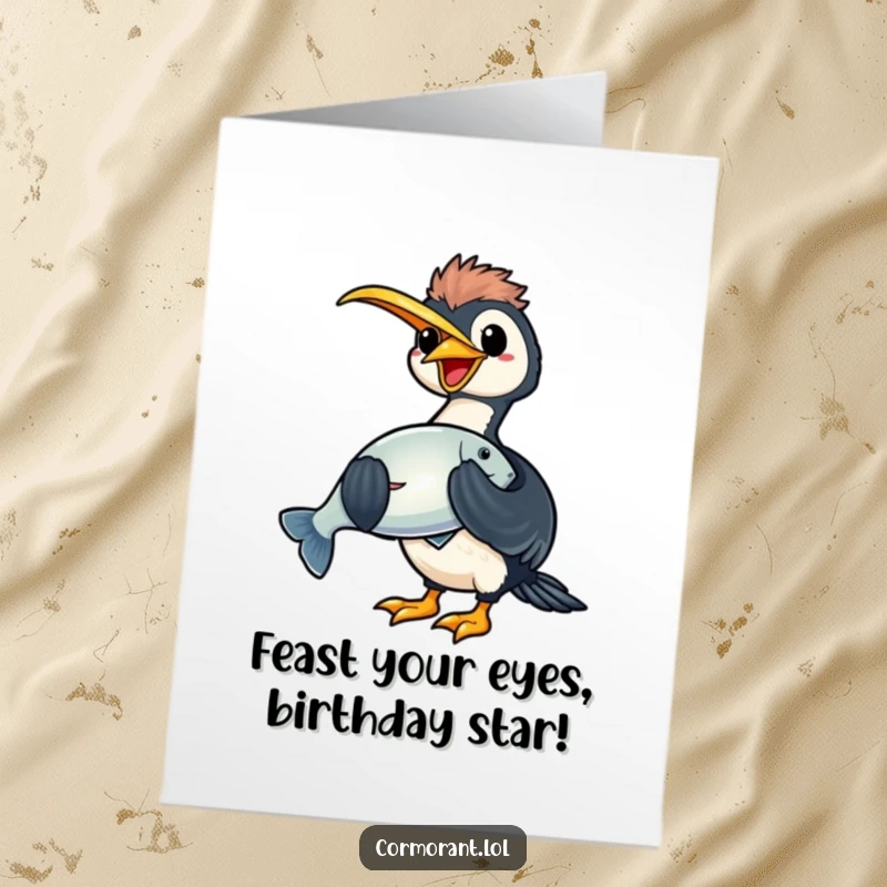 Funny Free Printable Birthday Card: A cheerful kawaii cormorant proudly holds a large, shiny fish in its beak, celebrating a successful catch for the occasion.