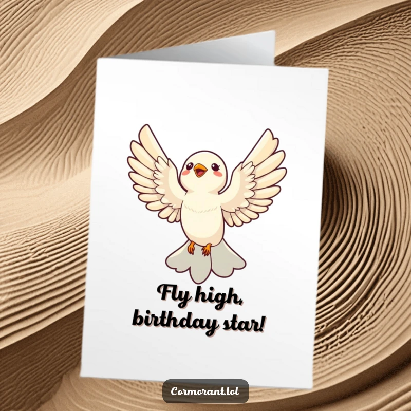 Funny Free Printable Birthday Card featuring a sleek bird with wings outstretched, joyfully soaring through the sky.