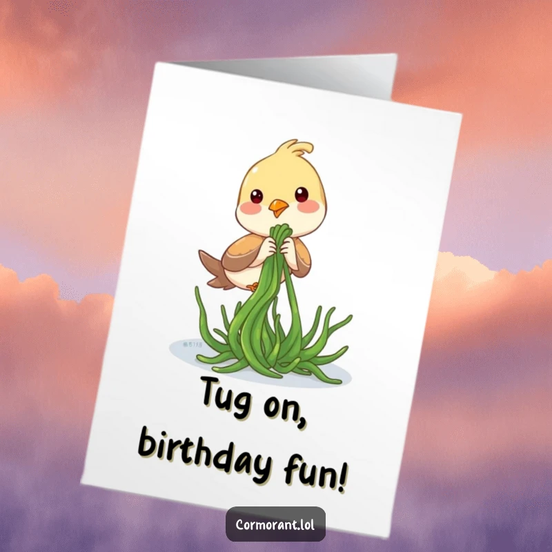 Funny Free Printable Birthday Card of a bird playfully tugging on a piece of seaweed, bringing ocean vibes to the celebration.