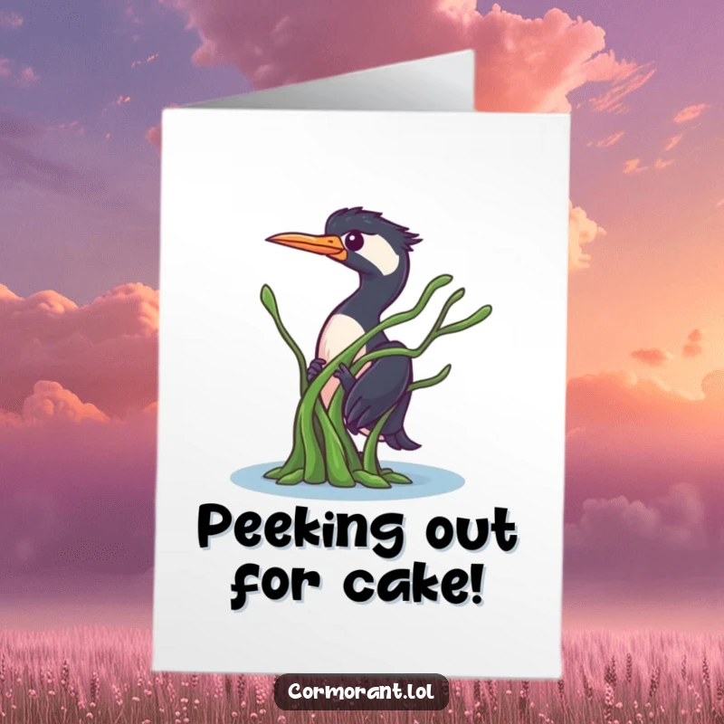 Funny free printable birthday card: A cormorant character playfully peeking from behind a large floating piece of green seaweed.
