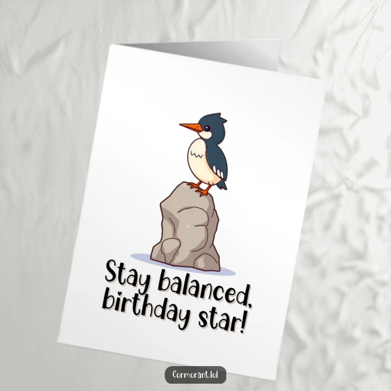 Funny Free Printable Birthday Card: A kawaii cormorant wobbles precariously while balancing on a single, unstable rock.