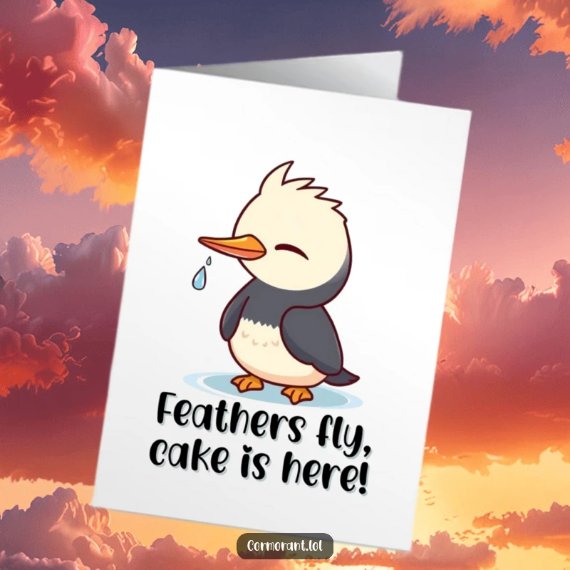 Funny Free Printable Cormorant Birthday Card: A kawaii bird winks cheekily, holding a tiny water droplet, perfect for gifting.
