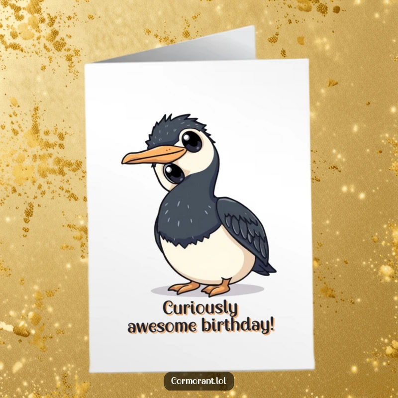 Funny Free Printable Birthday Card showing a cormorant tilting its head, with large, curious eyes full of wonder.