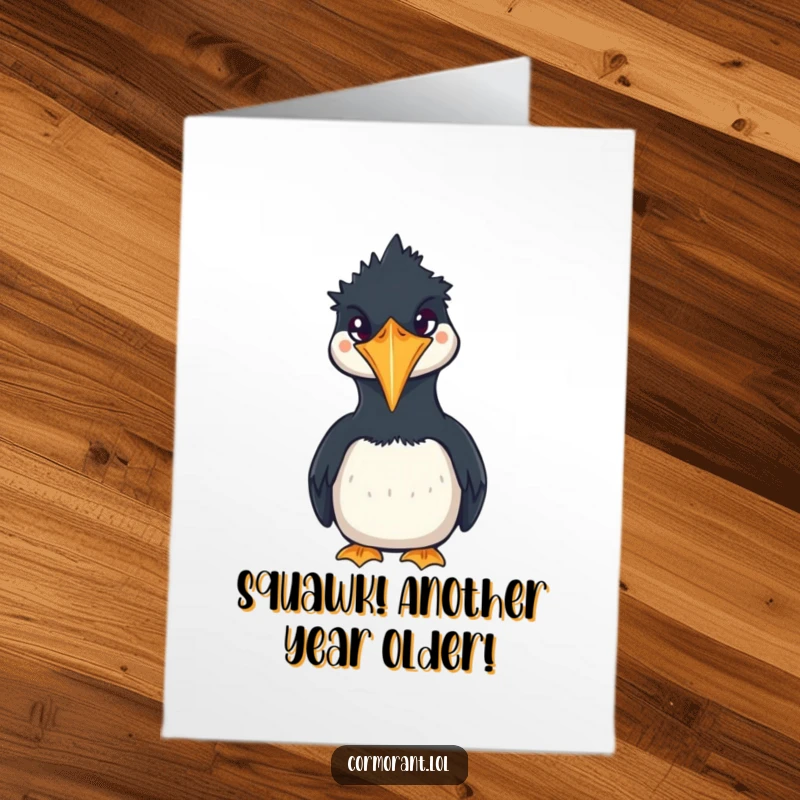 Funny Free Printable Birthday Card: Kawaii cormorant making a loud squawk, ready to deliver laughs for your celebration.