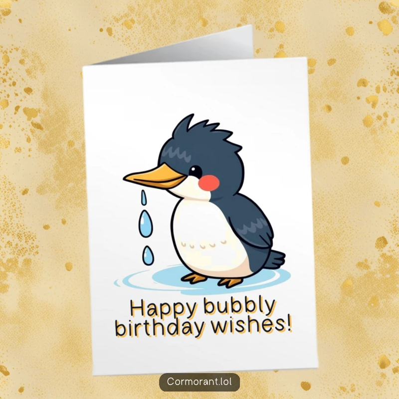Funny free printable birthday card featuring a kawaii cormorant happily shaking water drops off its head, radiating joy.